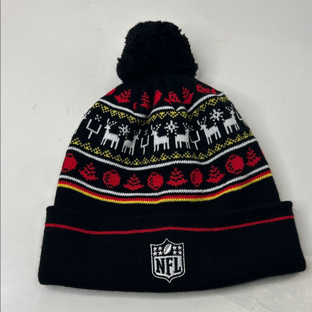 NFL Black Beanie with Red and White Reindeer Design (unisex)